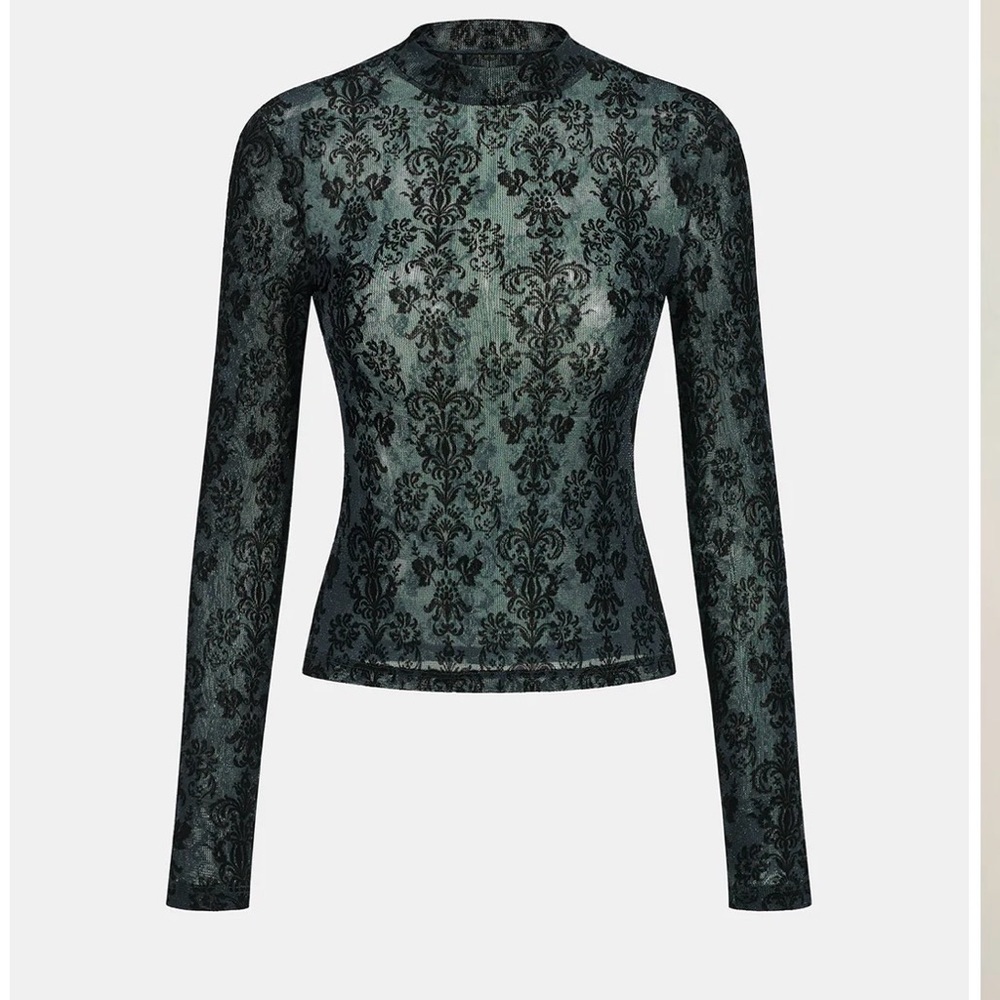 Commense Black Lace-Overlay Long Sleeve Mock Neck Top with Teal Base